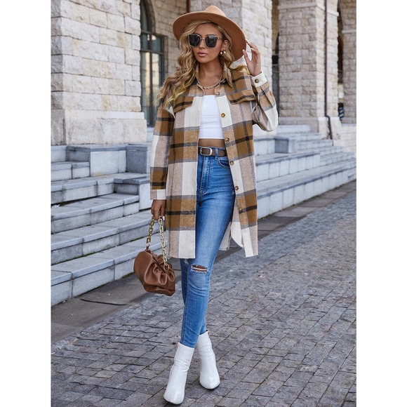 Plaid Print Drop Shoulder Overcoat long shacket boyfriend jacket red - Picture 7 of 11